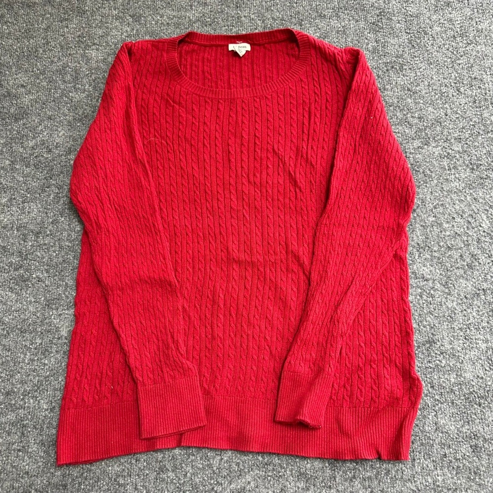 LL Bean Sweater Womens XL Red Merino Wool Blend Cable Knit Long Sleeve Pullover